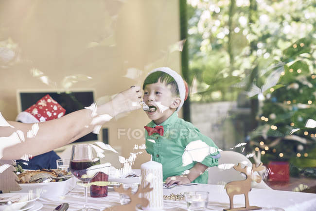 Mother feeding little son at christmas — Stock Photo