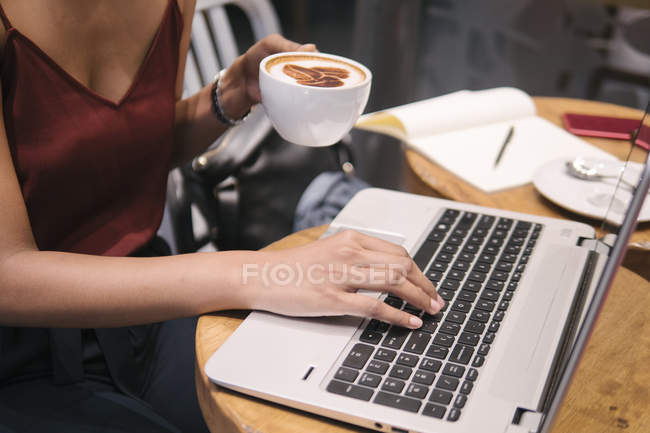 Imagen recortada de la mujer joven usando el ordenador portátil en la cafetería - foto de stock