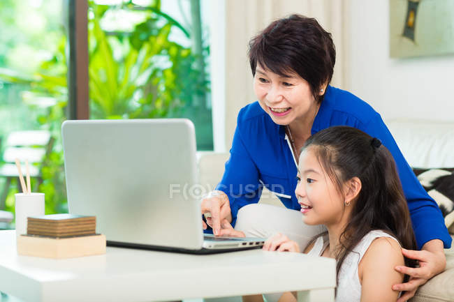 Großmutter und ihr Enkelkind benutzen gemeinsam einen Computer-Laptop. — Stockfoto