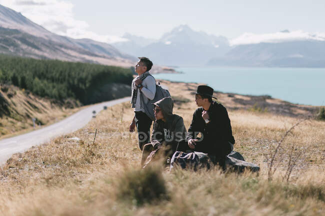 NET RELIZA Grupo de amigos disfrutando de la vista en Milford Sound, Nueva Zelanda - foto de stock