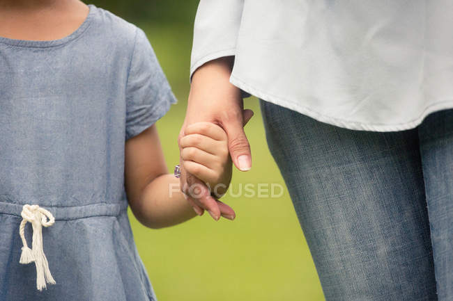 Обрезанный образ милой матери и дочери, держащихся за руки — стоковое фото