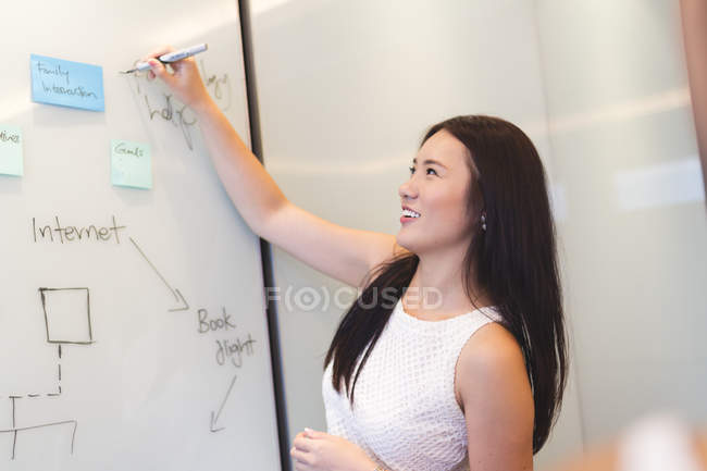 Jeune femme présente à ses collègues dans le bureau moderne — Photo de stock