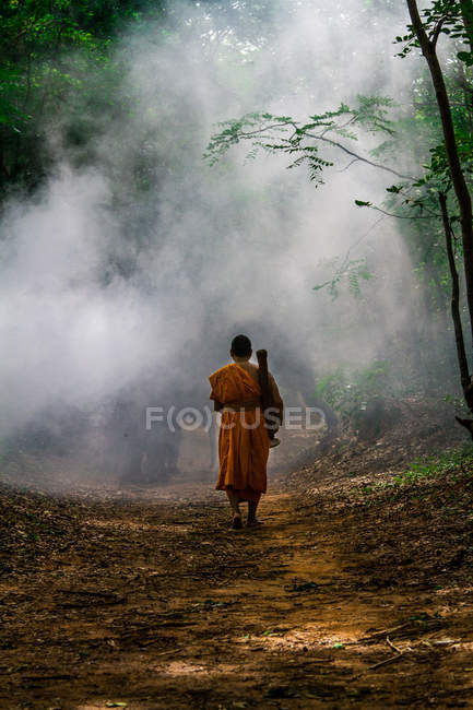 Rückansicht eines einsamen Mönchs, der im nebligen Wald wandelt — Stockfoto