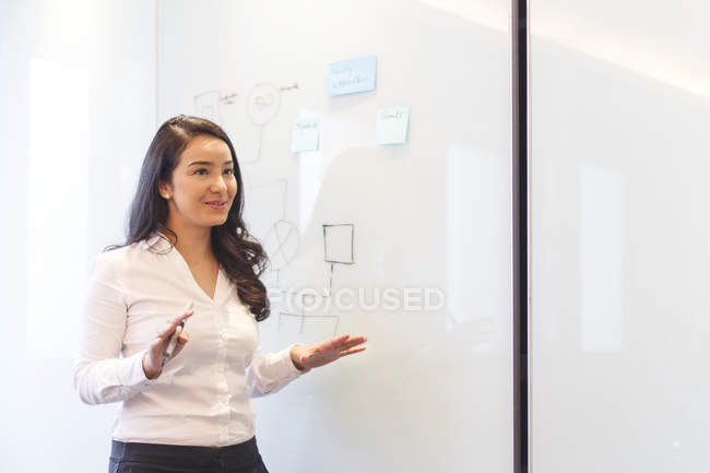 Jovem mulher no quadro branco fazendo apresentação no escritório moderno — Fotografia de Stock