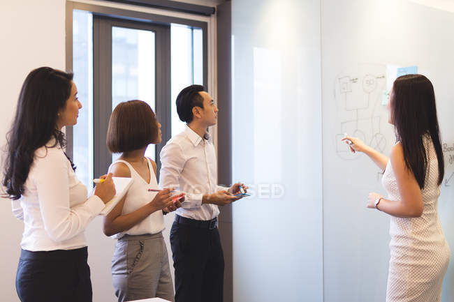 Молодая женщина делает презентацию своим коллегам в современном офисе — стоковое фото
