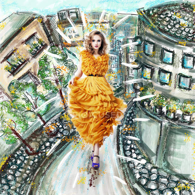 Fantasme. Futuriste femme moderne en robe de mode marche. Illustration de paysages urbains — Photo de stock