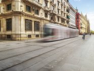 Driving tram at the city — Stock Photo