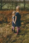 Dos hermanas de pie en el prado - foto de stock