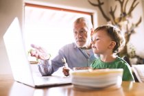 Abuelo y nieto usando laptop - foto de stock