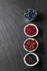 Vista dall'alto di mirtilli con semi di melograno, lupi e chokeberries in ciotole — Foto stock