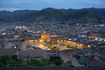 Peru, Cusco, aerial cityscape with Jesuit church view in the evening — Stock Photo