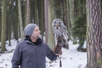 Falconer holding great grey owl in forest — Stock Photo