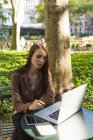 Giovane donna d'affari che lavora al parco cittadino seduta con laptop a tavola sotto il sole — Foto stock