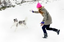 Jeune femme jouant avec son chien dans la neige — Photo de stock