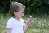 Маленькая девочка смотрит на змею, держащуюся за руку — стоковое фото