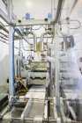 Mulher derramando chocolate branco líquido em uma máquina em uma fábrica de chocolate — Fotografia de Stock