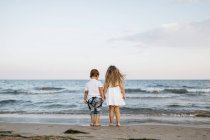 Visão traseira de bonito caucasiano irmãozinho e irmã se divertindo na praia de areia — Fotografia de Stock