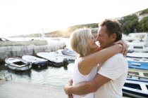 Feliz pareja de ancianos abrazándose en el puerto al atardecer - foto de stock