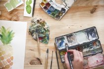 Mujer pintando a mano aquarelle de una piña en el escritorio en su estudio - foto de stock