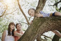 Portrait of couple looking at daughter climbing on tree — Stock Photo