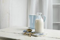 Leite Vegan e leite de soja na mesa — Fotografia de Stock