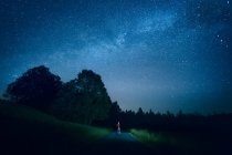 Distant view of man standing on lightened road near forest at night — Stock Photo