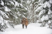 Felice coppia a piedi nella foresta invernale — Foto stock