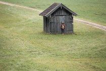 Jeune homme debout devant une cabane en bois sur une prairie — Photo de stock