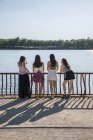 Vista posteriore di quattro amici in piedi alla luce del sole di fronte all'acqua — Foto stock
