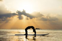 Thailandia, uomo che fa yoga sul paddleboard al tramonto, posizione ponte — Foto stock