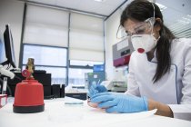 Técnico de laboratorio en células analíticas de cultivo de laboratorio en placas de Petri - foto de stock