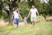 Famiglia felice e madre incinta passeggiando nel parco — Foto stock