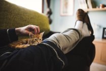 Frau liegt auf Couch und streichelt Kätzchen auf Schoß — Stockfoto