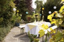Laid table in garden, decorated for a birthday party — Stock Photo