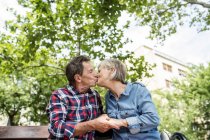 Feliz linda pareja mayor sentado en el banco y besándose en el parque - foto de stock
