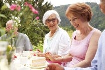 Senior ladies mangiare torta in giardino — Foto stock