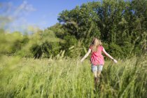 Visão traseira da menina adolescente andando em um prado — Fotografia de Stock