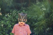 Ragazzino indossando maschera animale tirando facce divertenti — Foto stock