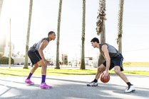 Jeunes hommes jouant au basket sur le terrain — Photo de stock