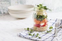 Regenbogensalat mit Quinoa, Tomaten, Mozzarella, Spinat und Erbsensprossen — Stockfoto