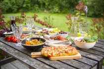 Varietà di antipasti mediterranei sul tavolo da giardino — Foto stock