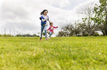 Dos chicas corriendo juntas en el prado - foto de stock