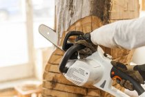 Tallador de madera en taller trabajando en escultura con motosierra - foto de stock