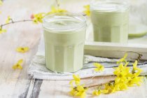 Latte matcha végétalien aux brindilles et fleurs forsythia — Photo de stock