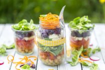 Regenbogensalat im Glas mit Kichererbsen, Tomaten, Karotten, Rotkohl, roten Radieschen, Salat und Feta-Käse — Stockfoto