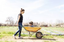 Madre spingendo figlio in carriola in giardino — Foto stock