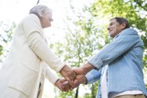 Aktives nettes Seniorenpaar hält Händchen im Freien — Stockfoto