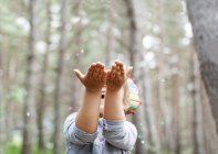 Little boy catching confetti in woods — Stock Photo