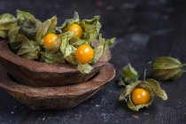 Vista de cerca de physalis en cuencos de madera - foto de stock
