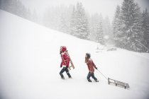 Due giovani donne con slitte che camminano sotto una forte nevicata — Foto stock